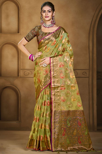 Parrot Green Jacquard Work Organza Saree