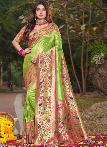 Parrot Green Paithani Silk Zari Weaving Work Saree