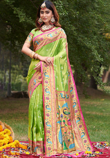 Parrot Green Paithani Silk Zari Weaving Work Saree