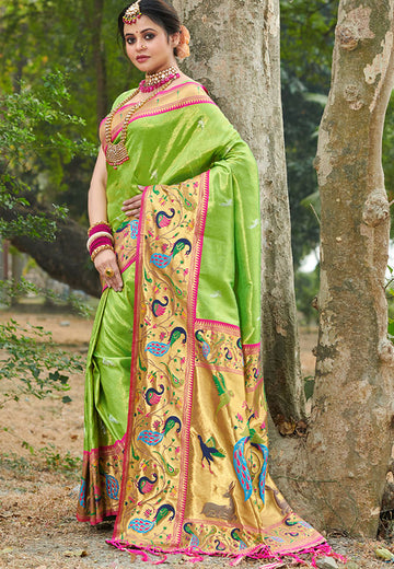 Parrot Green Paithani Silk Zari Weaving Work Saree