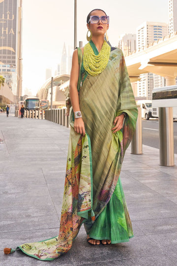 Parrot Green Digital Printed Satin Saree