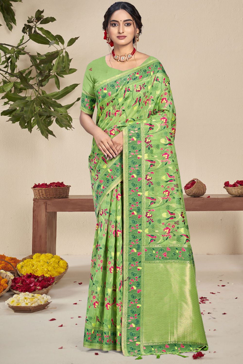 Parrot Green Silk Woven Saree