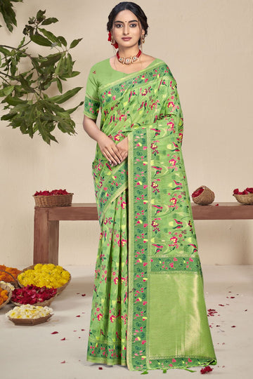 Parrot Green Weaving Work Silk Saree