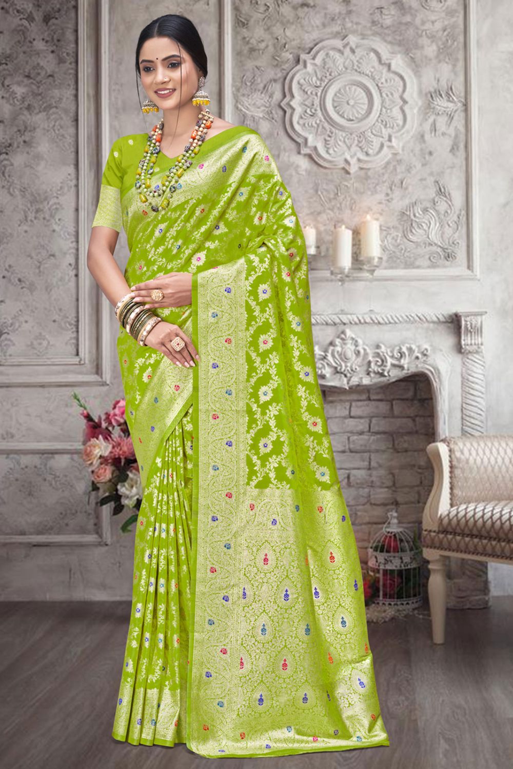 Parrot Green Silk Woven Work Saree