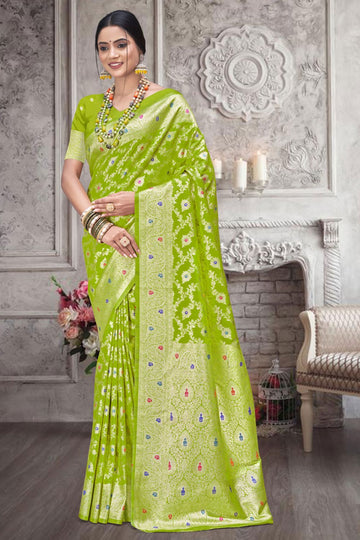 Parrot Green Weaving Work Silk Saree