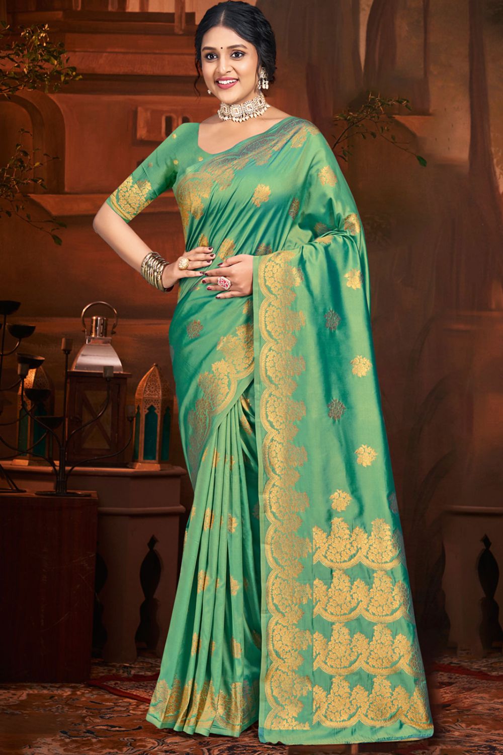 Parrot Green Silk Woven Work Saree