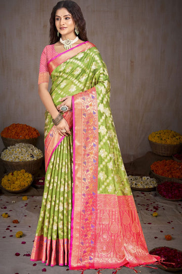 Parrot Green Woven Silk Saree for Festival