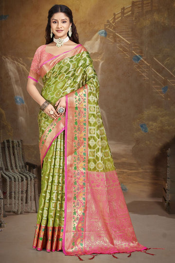 Parrot Green Woven Silk Saree for Ceremonial