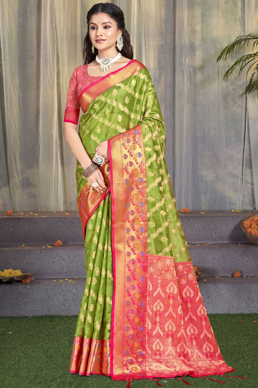 Parrot Green Silk Woven Work Saree