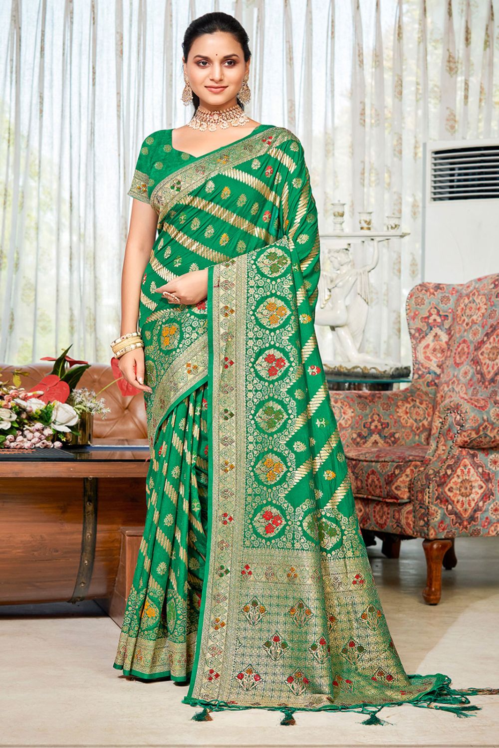 Parrot Green Silk Zari Woven Saree