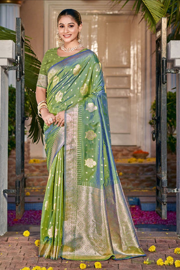 Parrot Green Zari Weaving Work Silk Saree