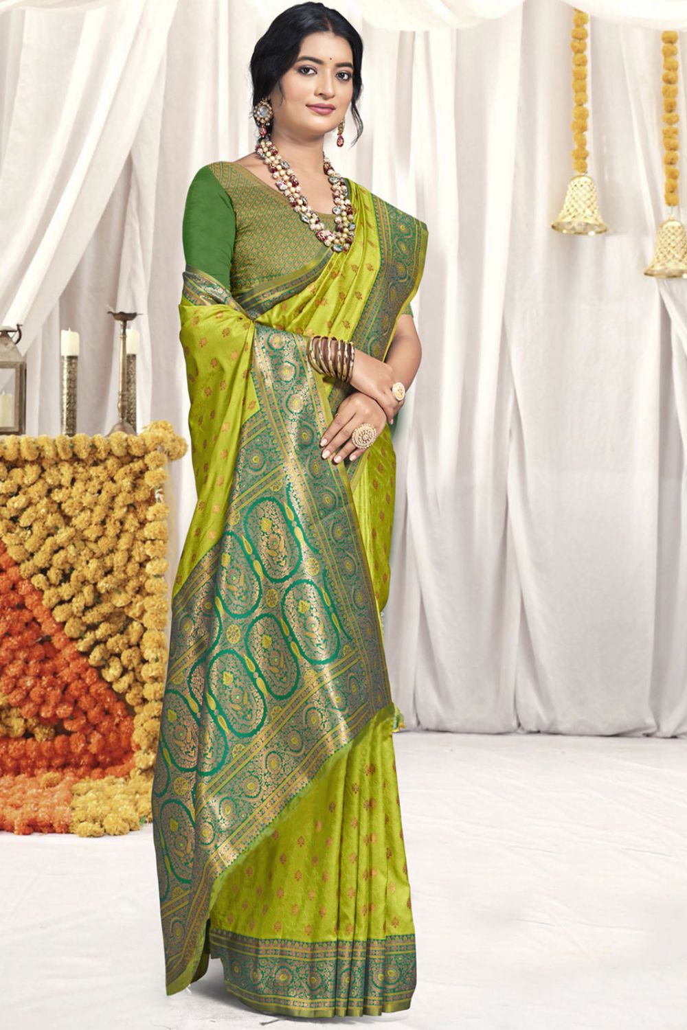 Parrot Green Silk Zari Woven Saree