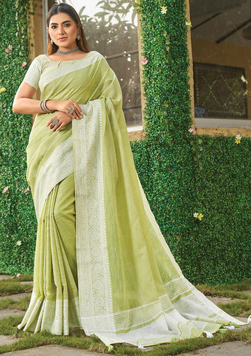 Pastel Green Chikankari Printed Linen Saree for Party