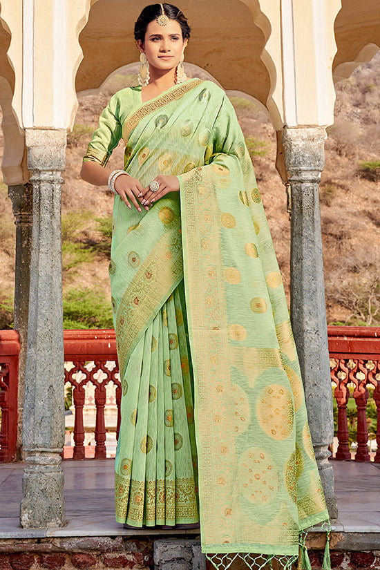 Pastel Green Foil Print Linen Saree for Party