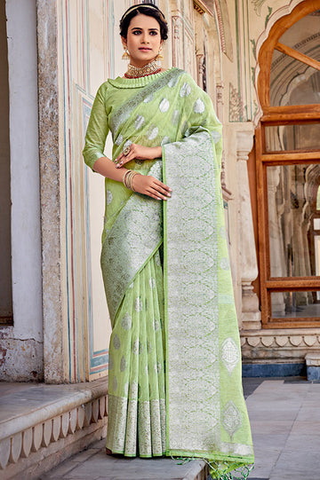 Pastel Green Foil Print Linen Saree for Party