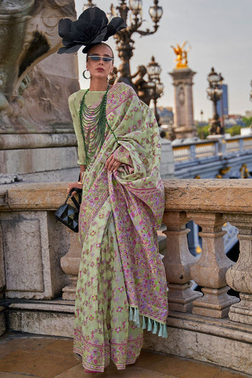 Pastel Green Organza Parsi Handloom Weaving Party Wear Saree