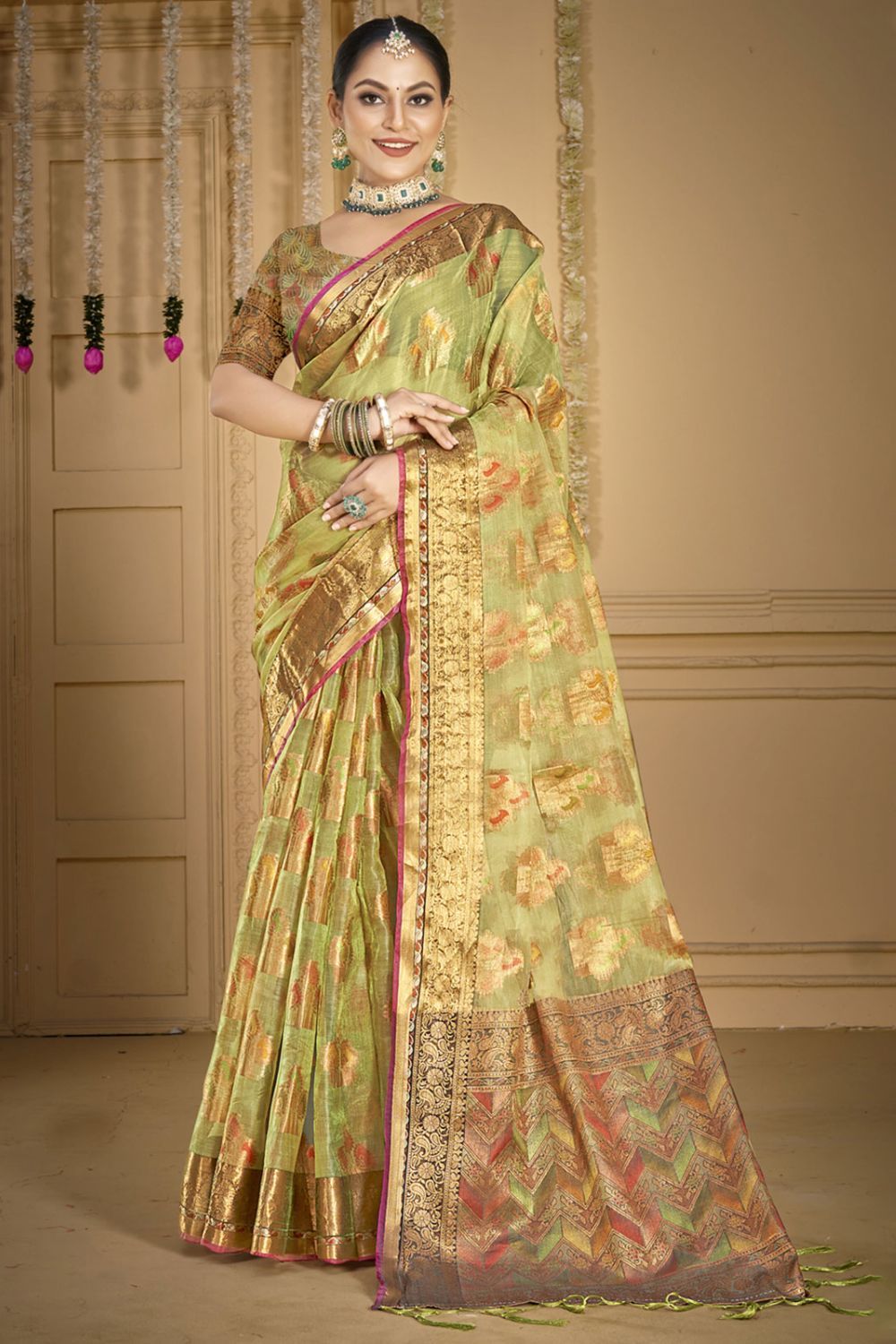 Pastel Green Jacquard Work Organza Saree