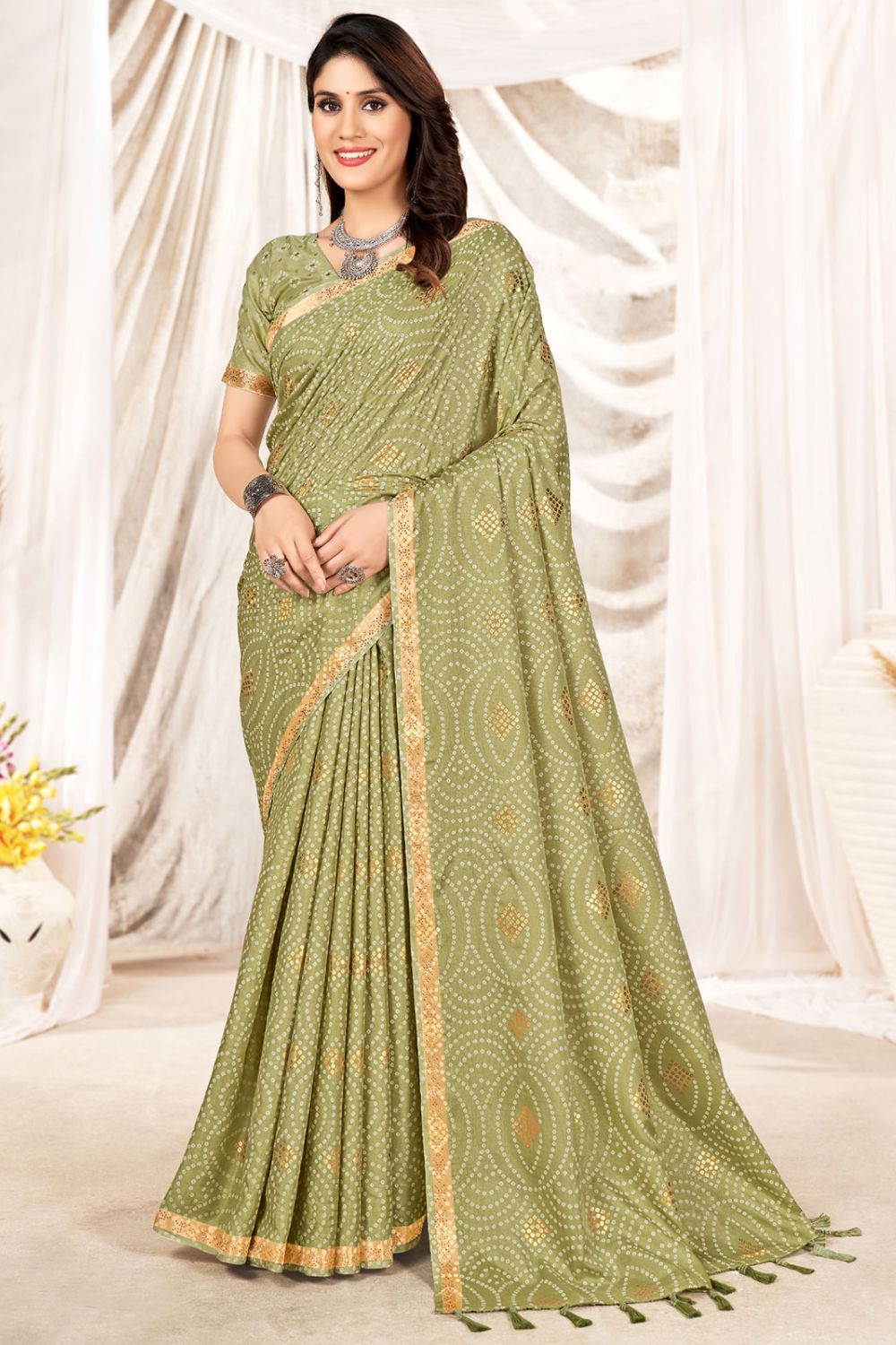 Pastel Green Foil Printed Party Wear Saree