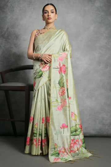 Pastel Green Printed Tussar Silk Digital Printed Saree