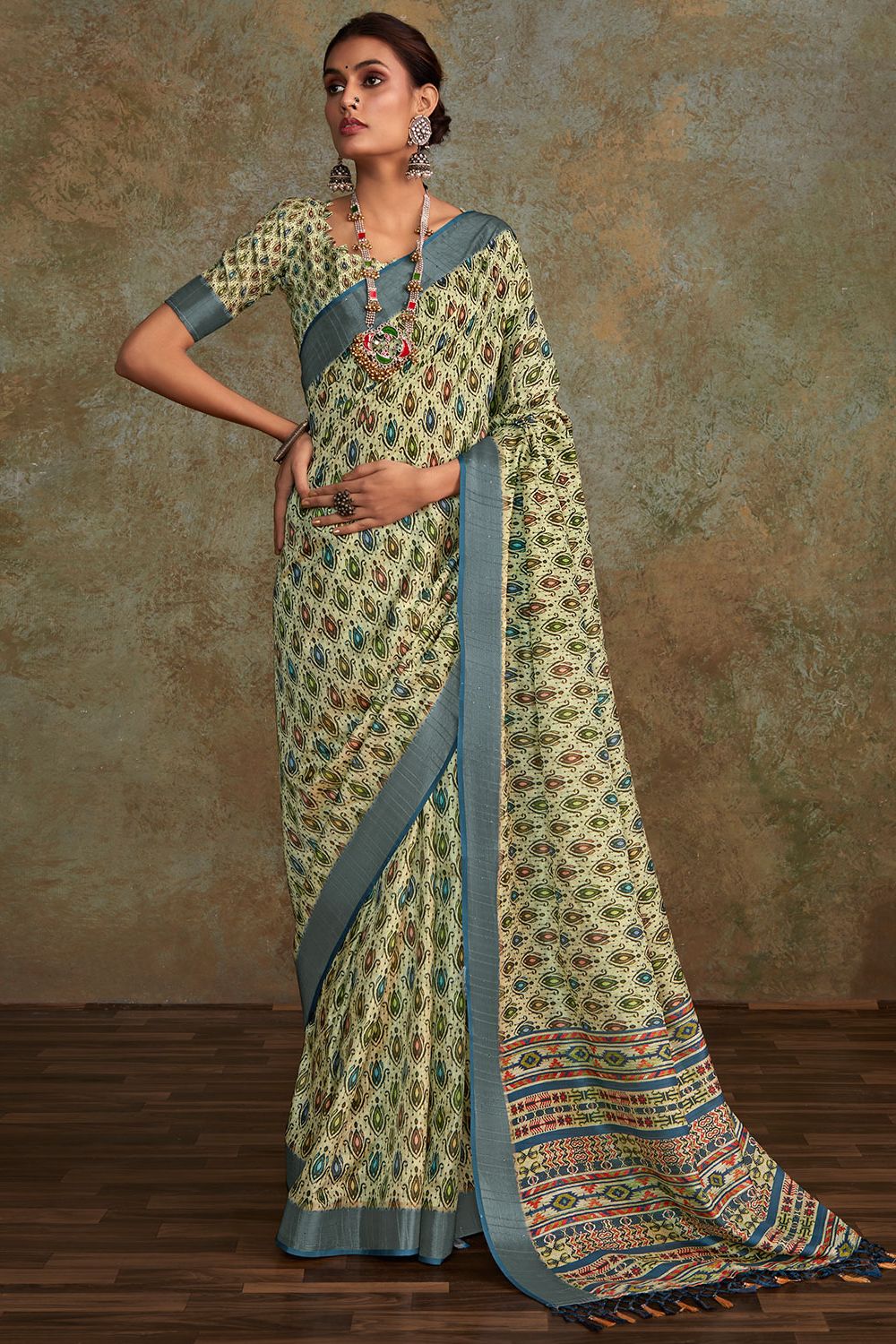 Pastel Green Pure Bagru Printed Handloom Saree