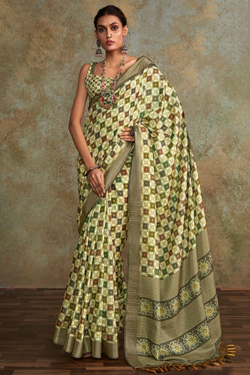 Pastel Green Pure Bagru Printed Handloom Saree