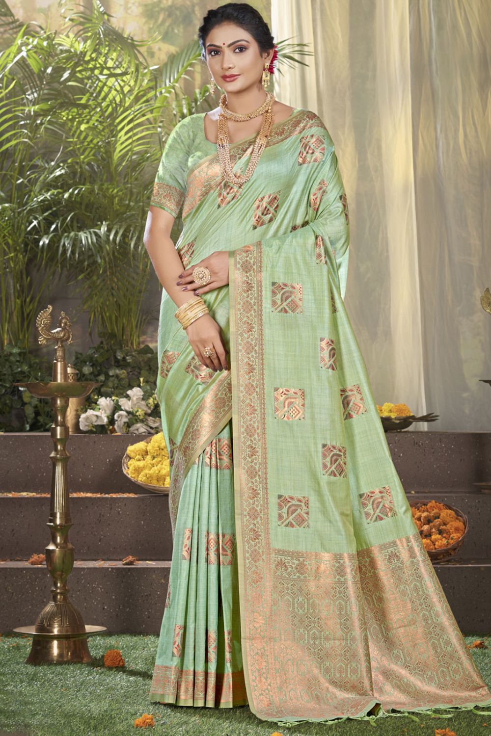 Pastel Green Silk Woven Work Saree