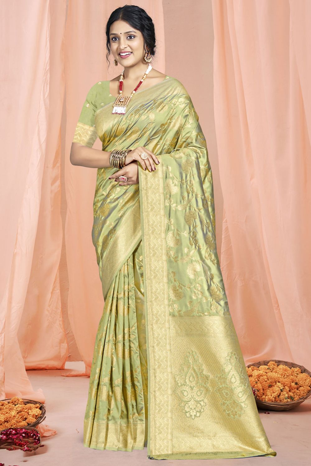 Pastel Green Silk Woven Work Saree