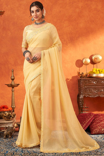 Pastel Yellow Designer Chiffon Silk Saree