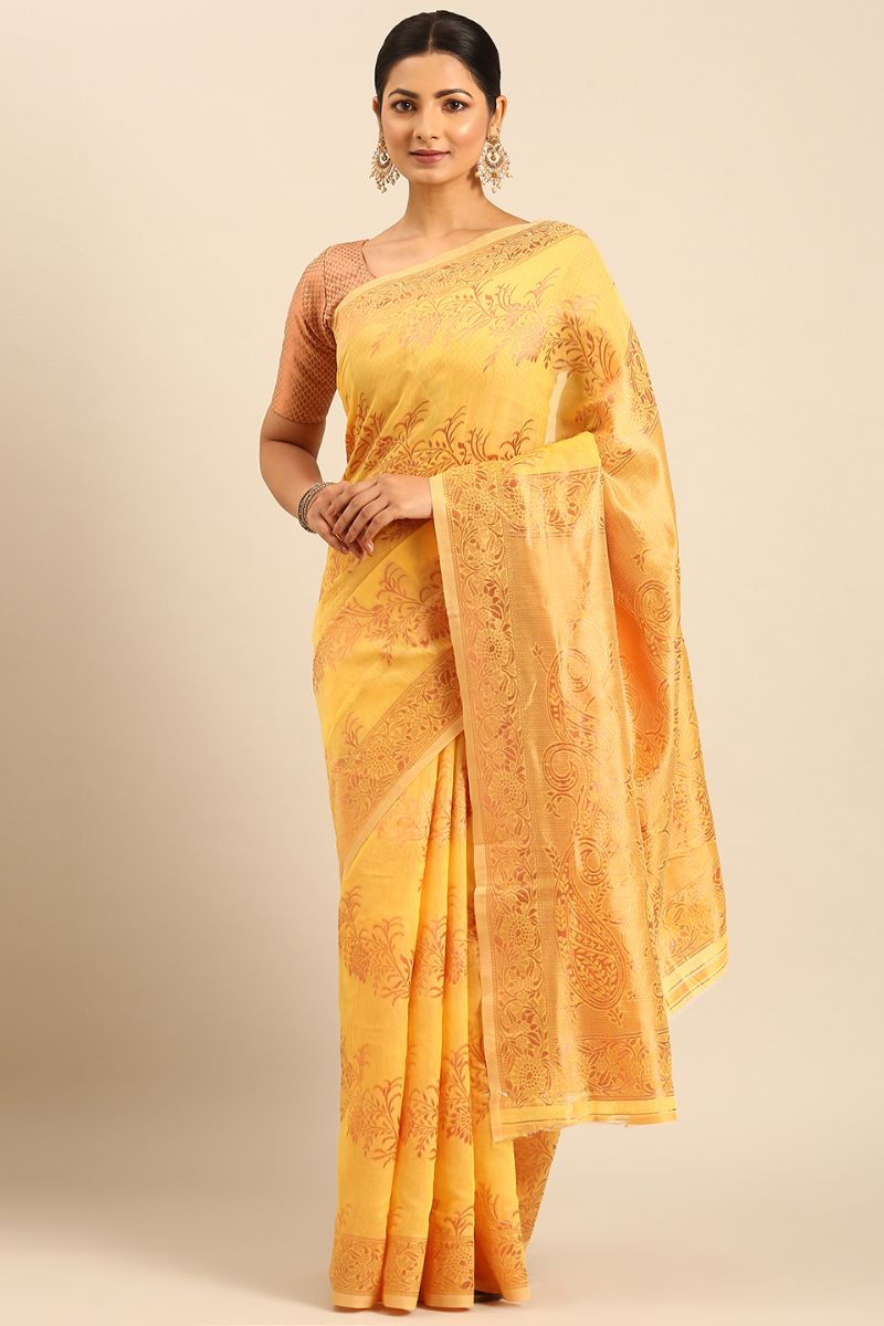 Pastel Yellow Jacquard Work Cotton Saree