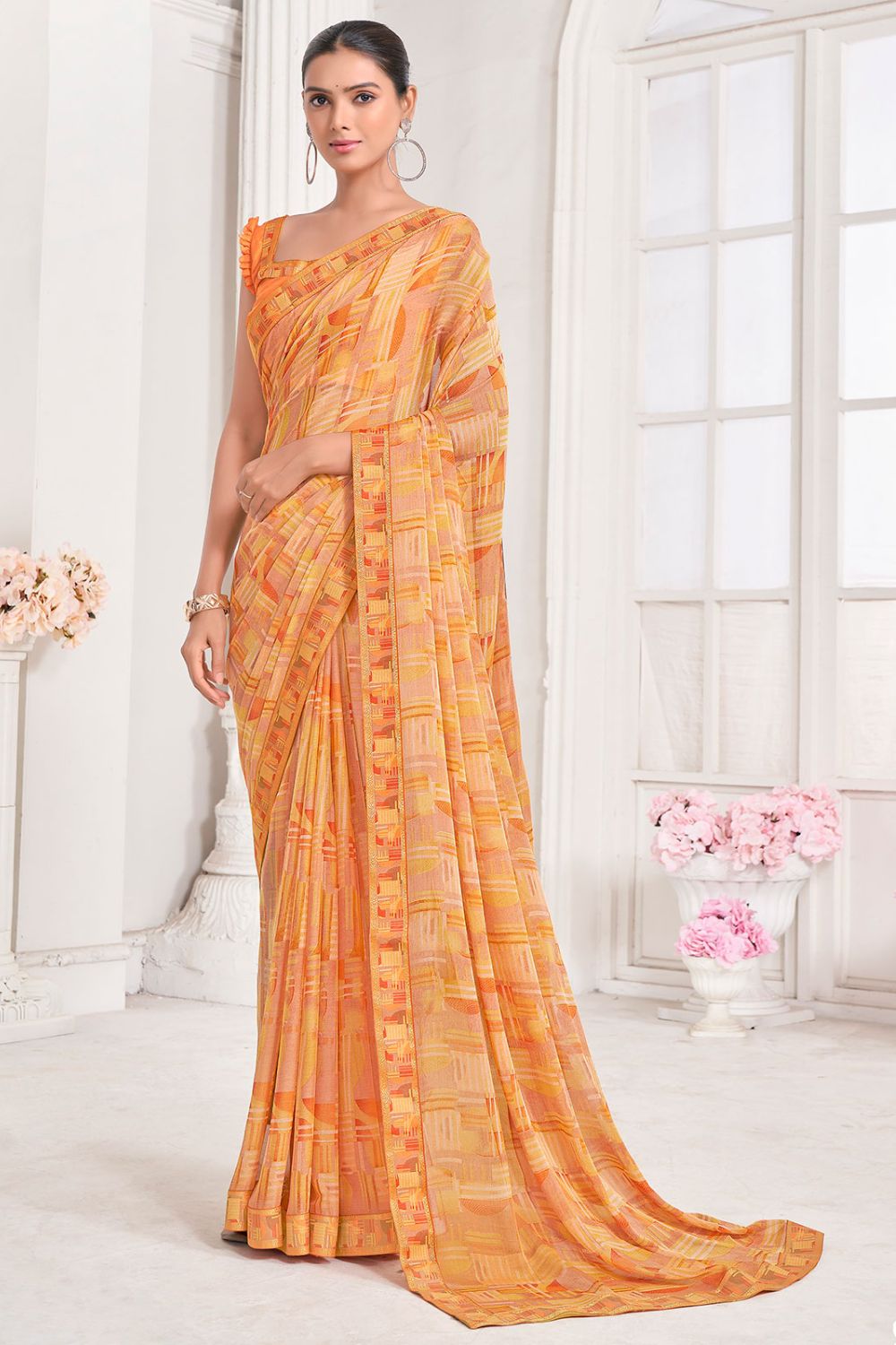 Peach Chiffon Printed Party Wear Saree