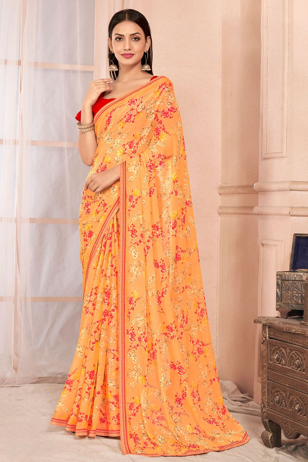 Peach Chiffon Printed Casual Wear Saree