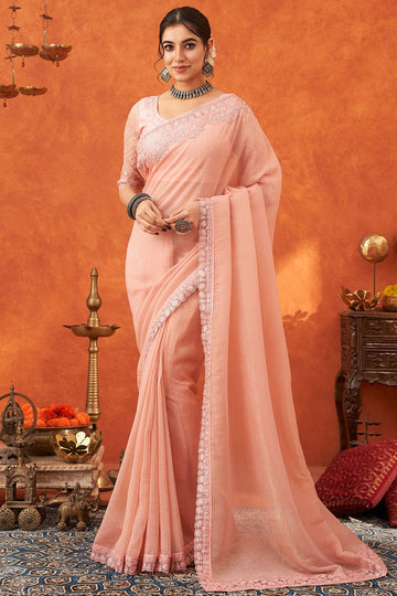 Peach Designer Chiffon Silk Saree