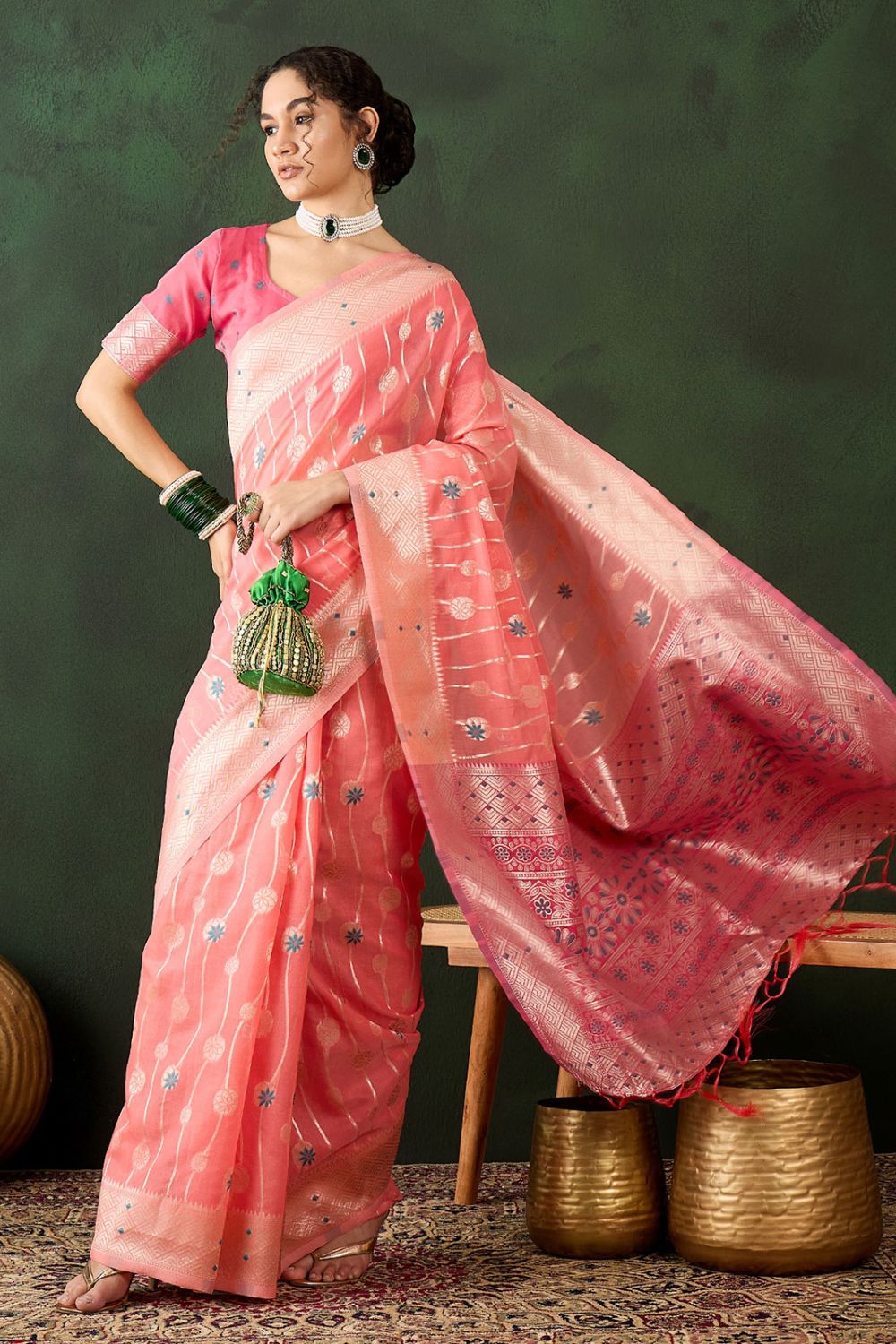 Peach Cotton Woven Party Wear Saree