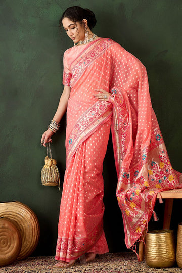 Peach Cotton Woven Party Wear Saree