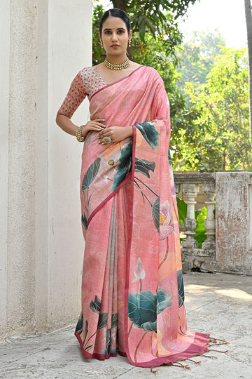 Peach Cotton Silk Floral Printed Saree for Festival