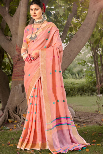 Peach Weaving Work Cotton Saree