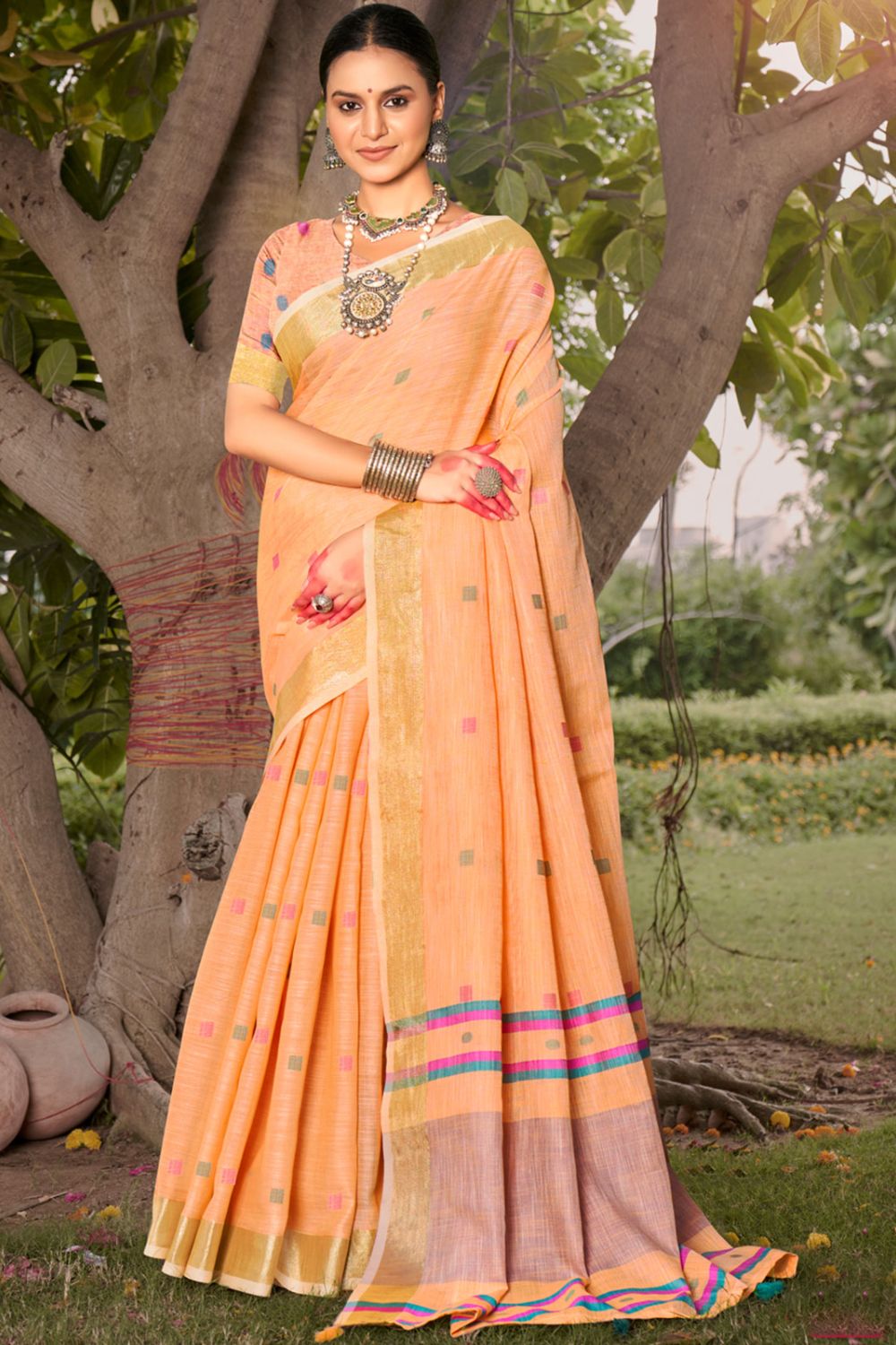 Peach Cotton Woven Saree