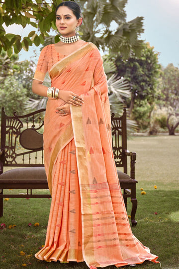 Peach Weaving Work Cotton Saree