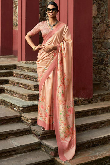 Peach Art Silk Printed Saree for Party