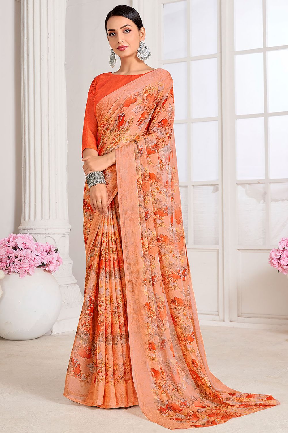 Peach Digital Printed Chiffon Casual Wear Saree