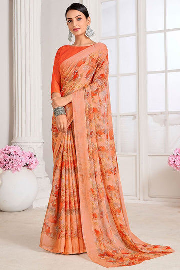 Peach Digital Printed Chiffon Casual Wear Saree