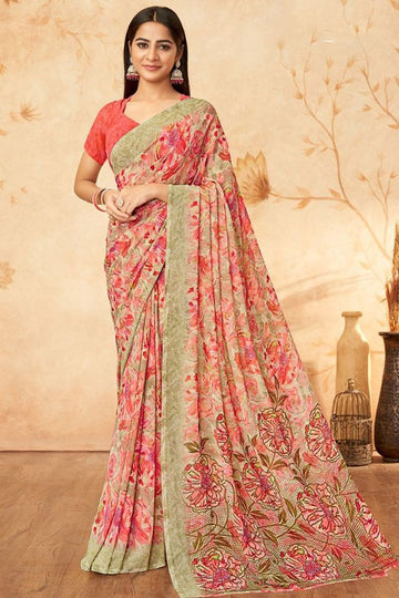 Peach Printed Georgette Casual Saree