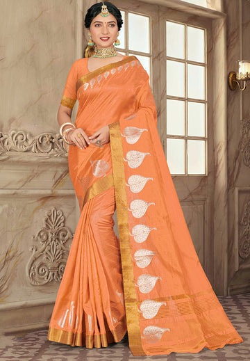 Peach Embellished Cotton Saree for Festival