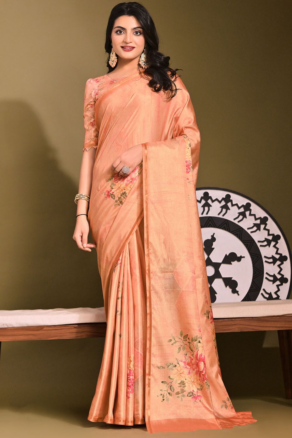 Peach Floral Printed Tussar Silk Saree for Party