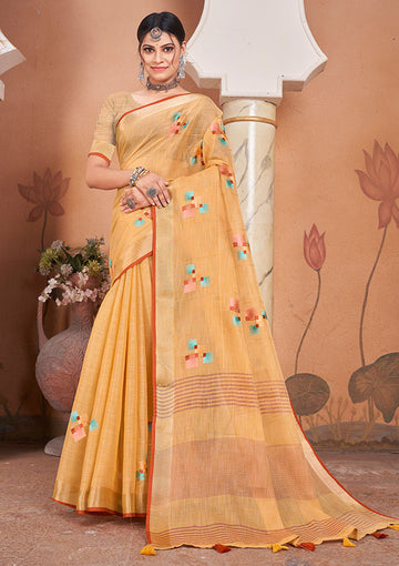 Peach Linen Weaving Work Saree