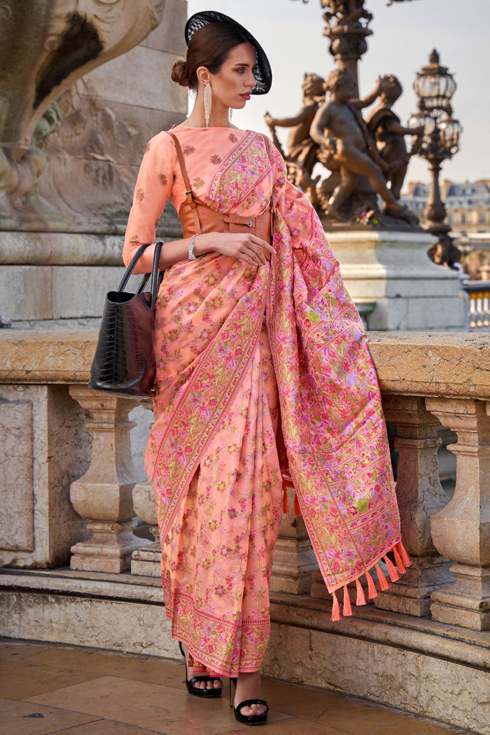 Peach Organza Parsi Handloom Weaving Party Wear Saree