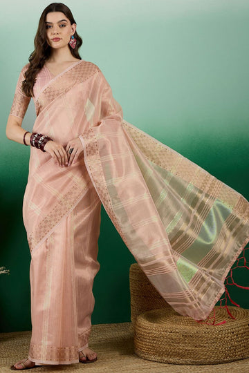 Peach Organza Woven Party Wear Saree