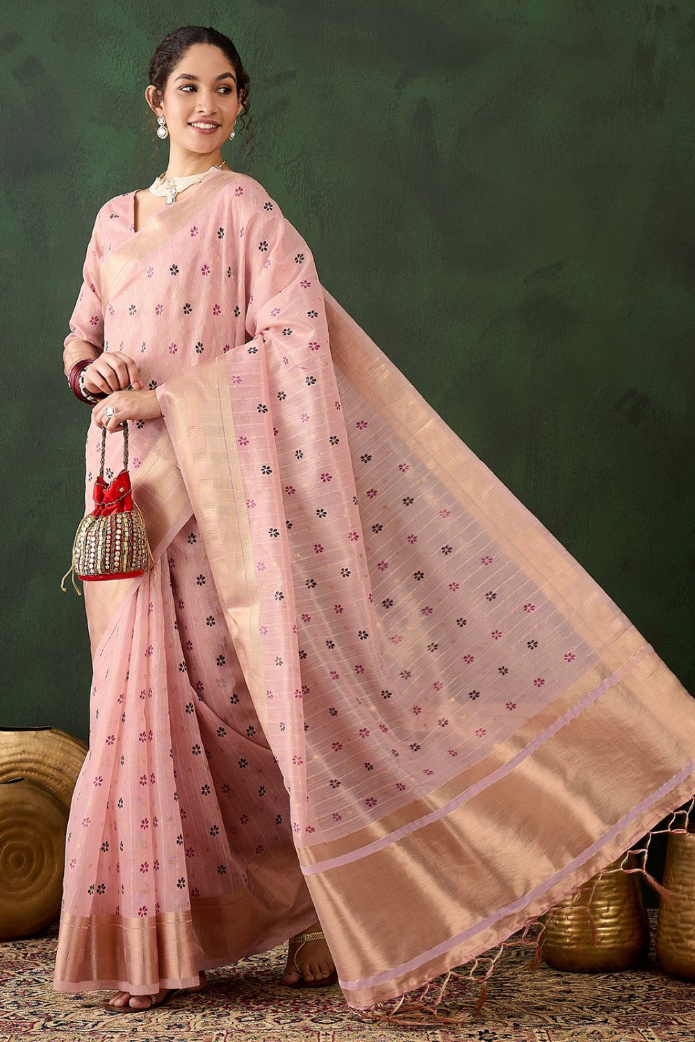 Peach Organza Woven Party Wear Saree