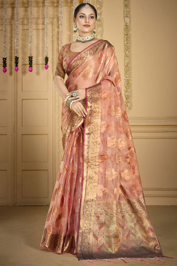 Peach Jacquard Work Organza Saree