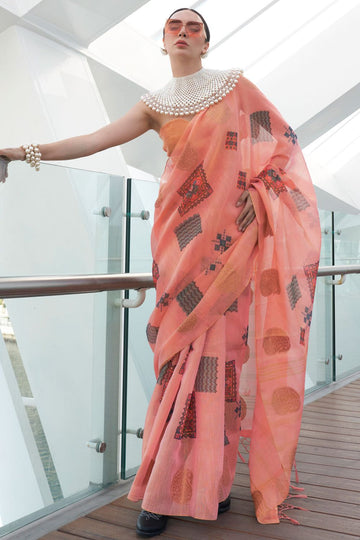 Peach Printed Zari Tissue Saree for Party